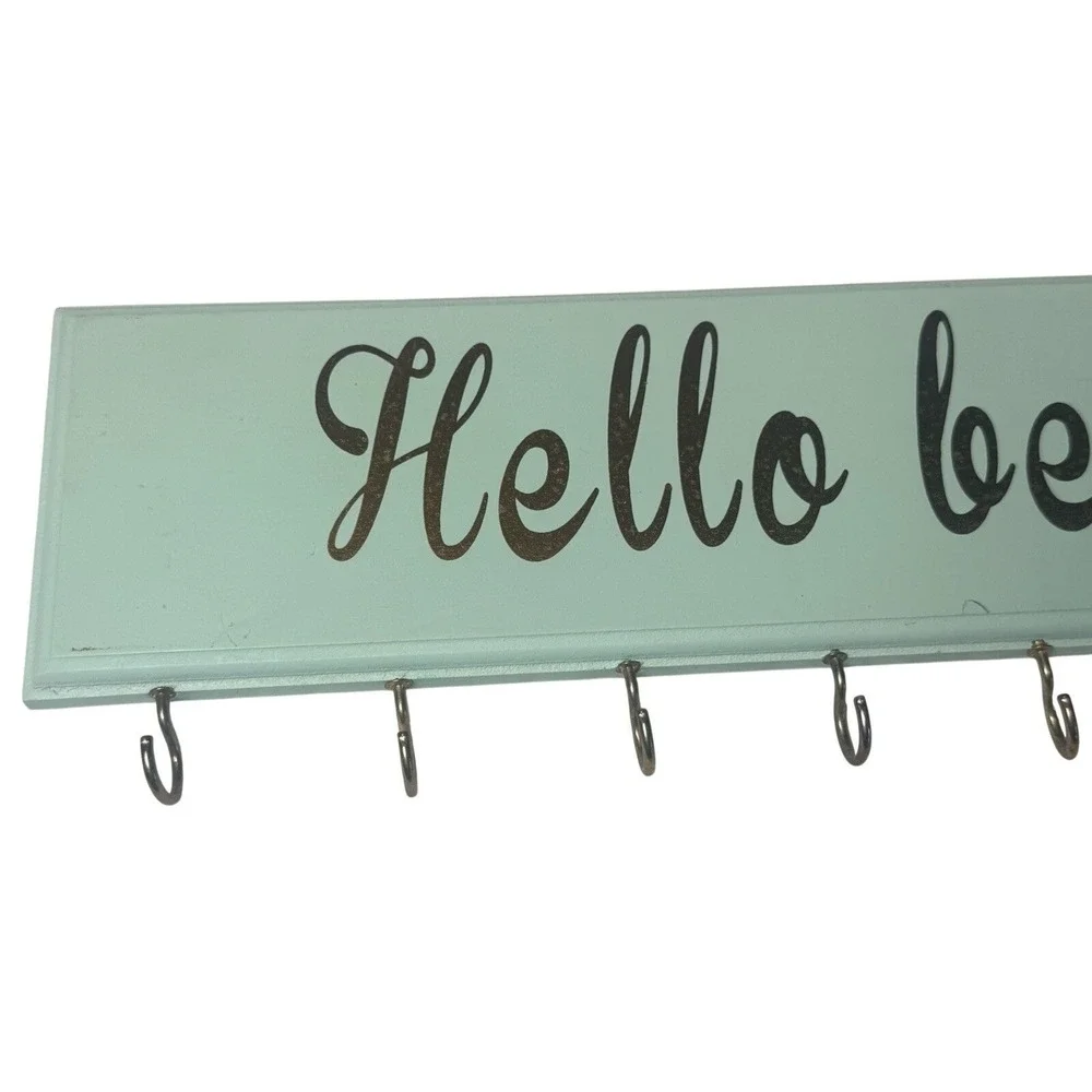 Hello‎ Beautiful Wall Hook Rack Mint Green Gold Script Jewelry Key Holder 18